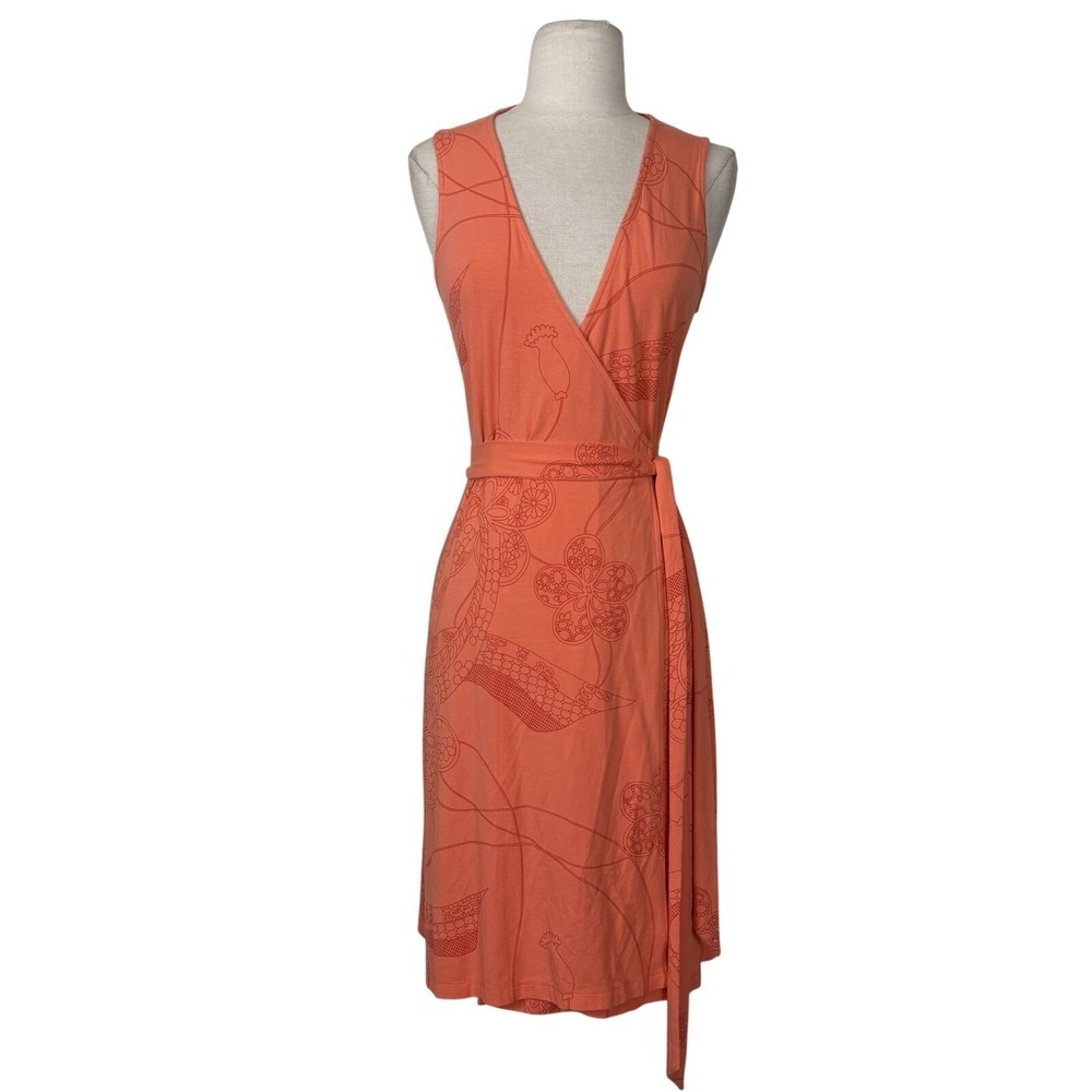 Tori Richard Sleeveless Wrap Dress Sz S Coral Stretch Floral Hawaii Tropical